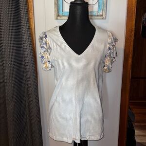 Doe & Rae White and Gray Striped V-Neck Top with Floral Ruffle Sleeves